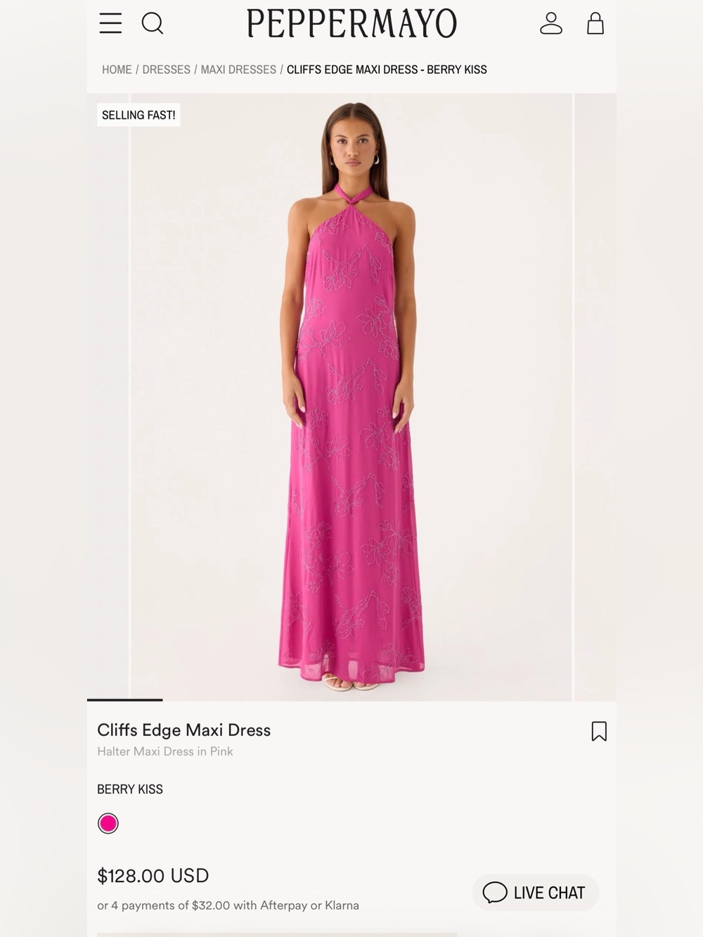 Peppermayo Fuchsia Halter Maxi Dress with Beaded Floral Detail - Picture 8 of 11